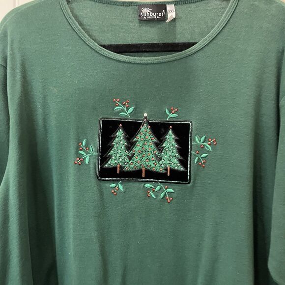 Vintage Sunburst Green Christmas Tree Embroidered Holiday Shirt Womens Size 2XL - Picture 2 of 8